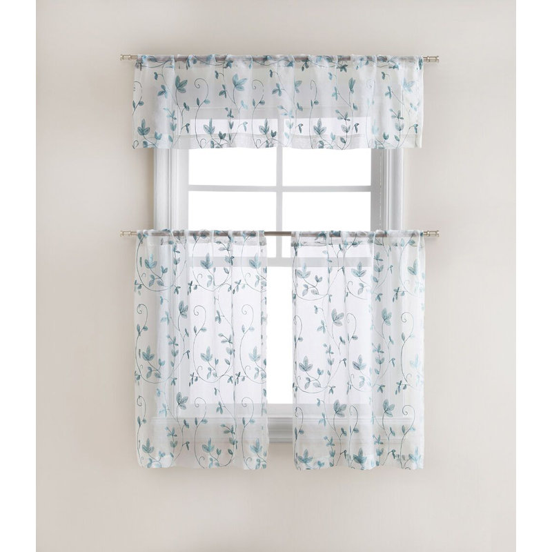 Kate Aurora Floral Embroidered Sheer Kitchen Curtain Set - 58" W, Aqua