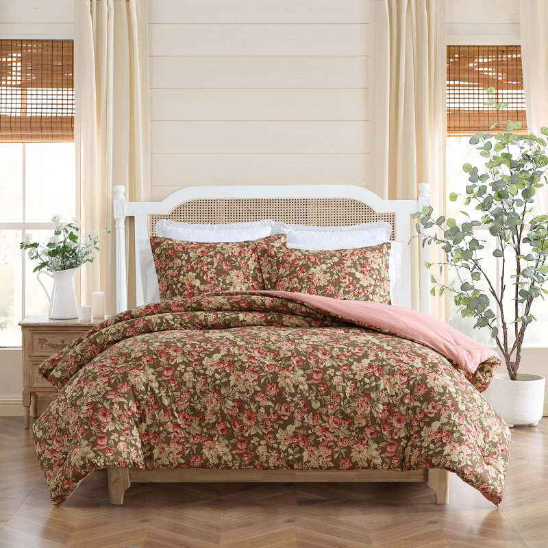 Laura Ashley Bloomsbury Cotton Reversible Brown Comforter Set, King Comforter +2 King Shams