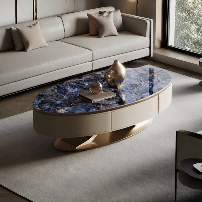 Table basse légère de luxe en forme de plaque ovale, Marbre bleu marine