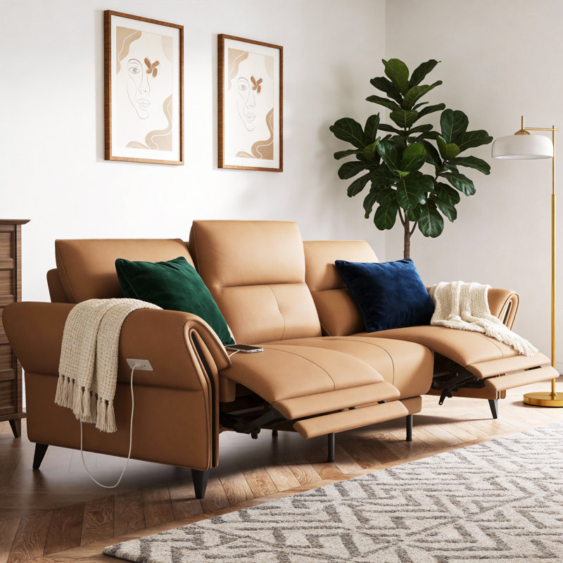 Roanoke 112.5 Inch Genuine Leather Power Reclining Sofa Dual Motor Electric Couch with USB Ports and Pillow Arms Living Room