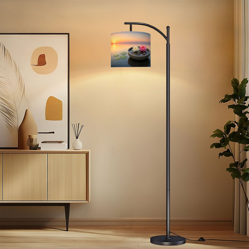 Lampe sur pied arquée avec abat-jour réglable, motif de fleurs de lotus, lampe sur pied à 3 températures de couleur, intensité variable, avec interrupteur au pied pour chambre à coucher