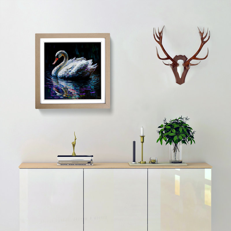 Swan Palette Knife Painting - Single Picture Frame Print on Wood, Oak