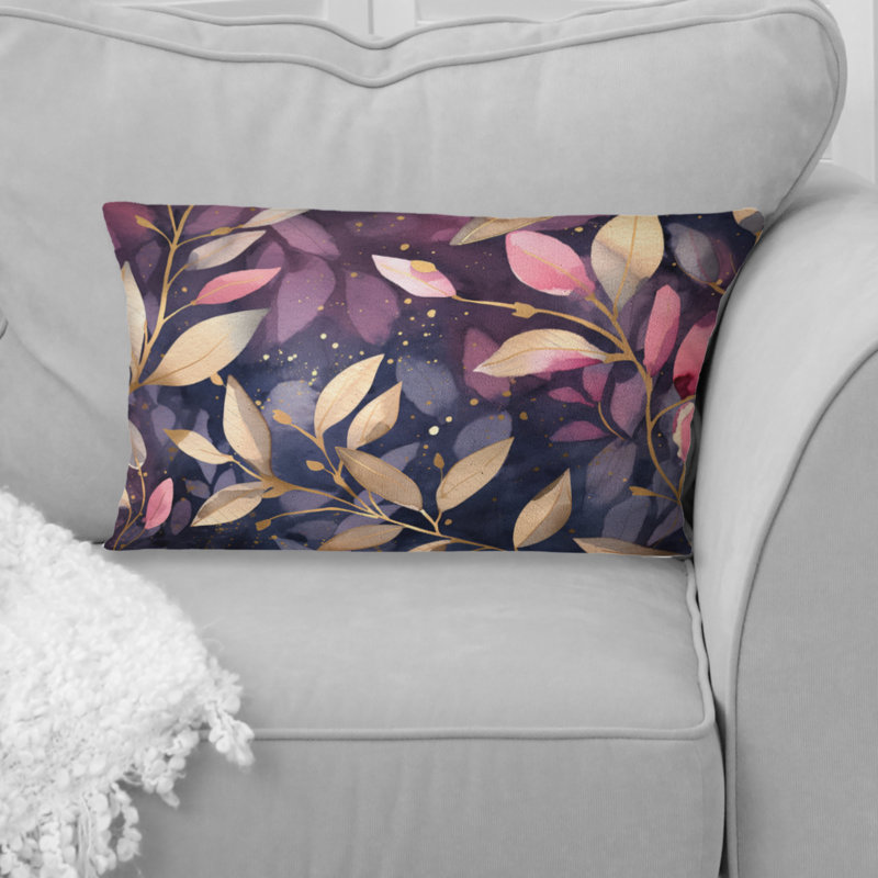 Coussin décoratif à imprimé floral mauve et feuilles mauves, Rectangle H 12 po x l 20 po