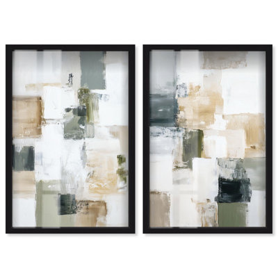 Ensemble de décorations murales abstraites « Abstraction Shadowbox » en gris foncé et crème par Art Remedy, cadre noir, 10 x 15