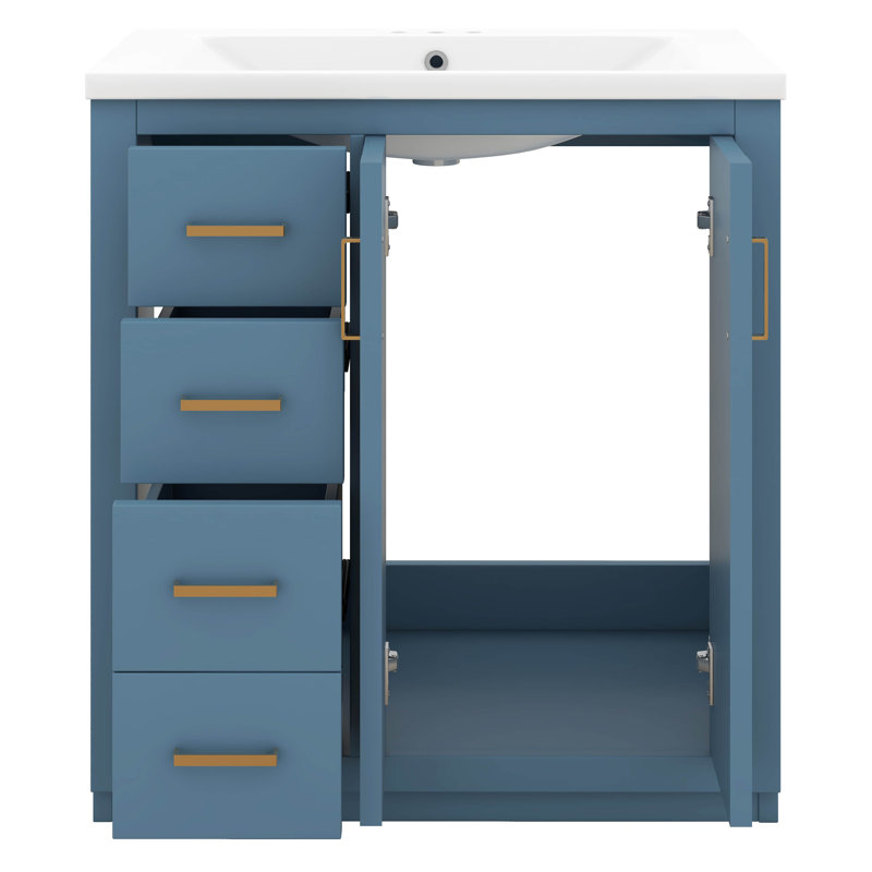 Meuble-lavabo de 30 po avec lavabo en céramique, armoire de rangement moderne à 3 tiroirs et 2 portes, meuble-lavabo autoportant, fermeture en douceur