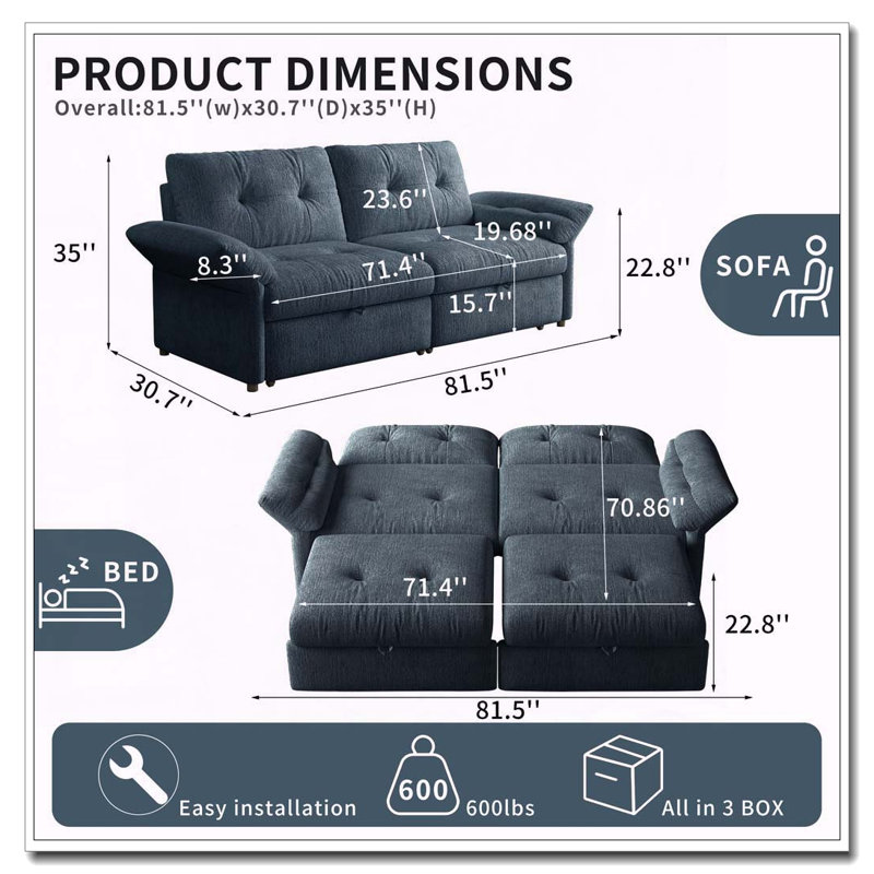 Canapé-lit convertible de 81,5 pouces avec structure en bois massif et tissu chenille doux, Blue Chenille