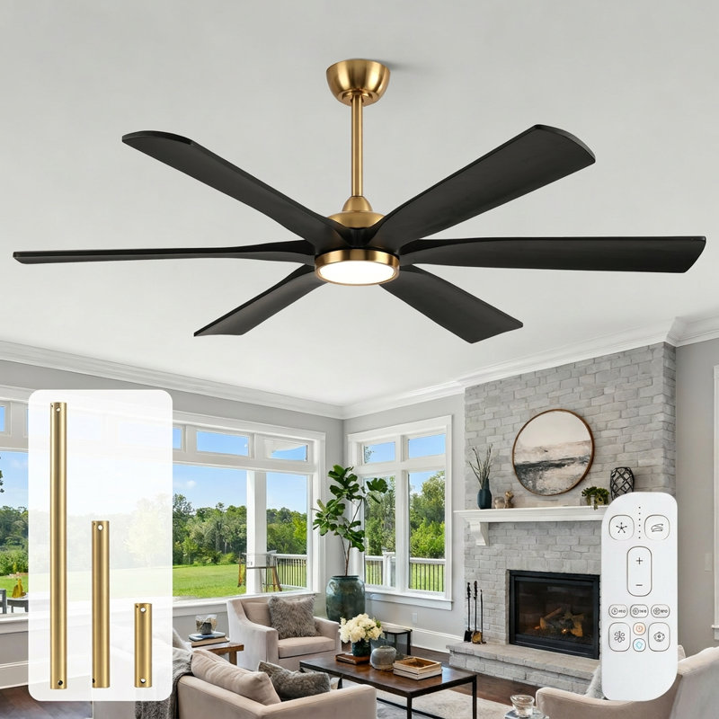 60/72 Inch 6-blade Modern Solid Wood Ceiling Fan With Light And Remote, High Cfm Large Airflow Ceiling Fan, Quiet Reversible Dc Motor, Indoor Outdoor Fan For Porch Gazebo Living Room Kitchen Garage