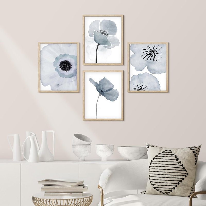 " Close Up Pastel Blue Magnolia Flower Duo " 4 - Pieces, Natural, 16" H x 12" W