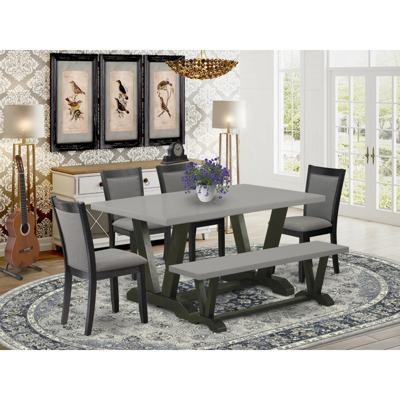 6-pc dining set consists of a cement dining room table a kitchen bench and 4 dark Gotham grey linen fabric dinner chairs with high back - wire brushed black finish