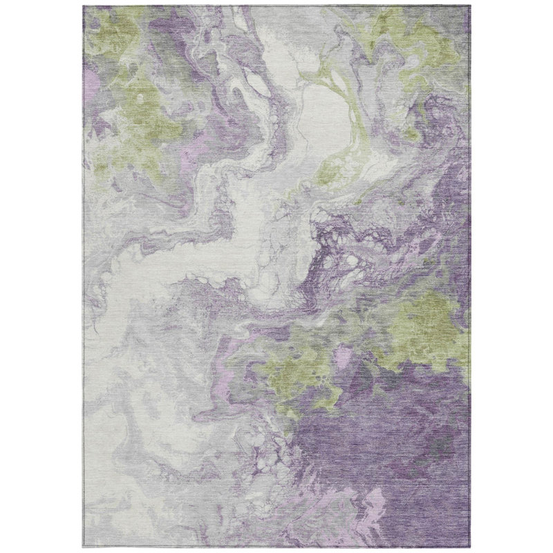Tapis intérieur/extérieur lavable, motif lavande abstrait et vert fougère, 90 x 150 cm