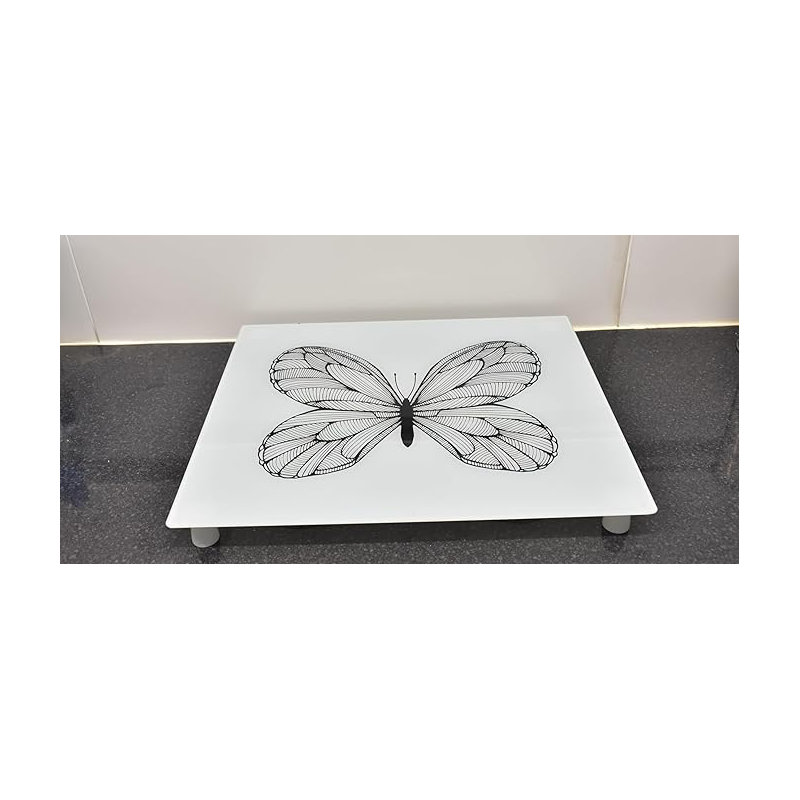 60X52Cm White Butterfly Sketch Universal Hob Cover Plate Tempered Glass Worktop Saver Dishwasher Safe 5Mm All Types of Cookers (Hob Cover)