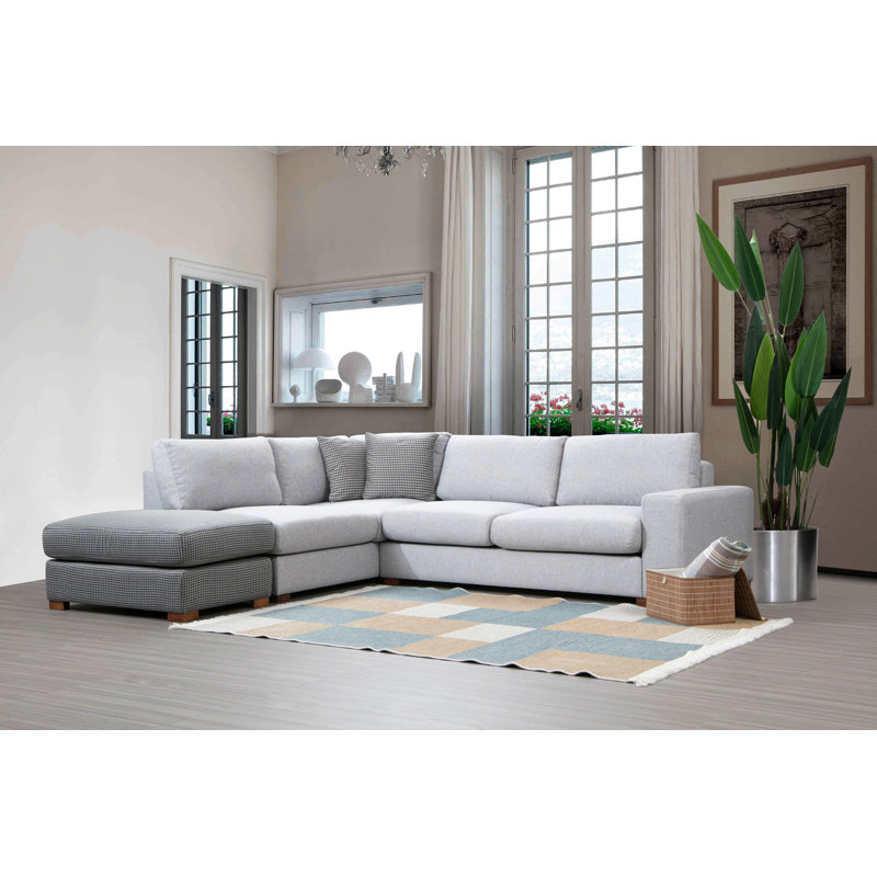 Élégant canapé d'angle avec repose-pieds, gris et gris clair, 97,2 po x 104,7 po x 33,5 po | Structure en bois de hêtre et pieds en noyer, tissu 100% polyester, coussins en mousse souple | Parfait pour les salons modernes et le confort d'un hôtel