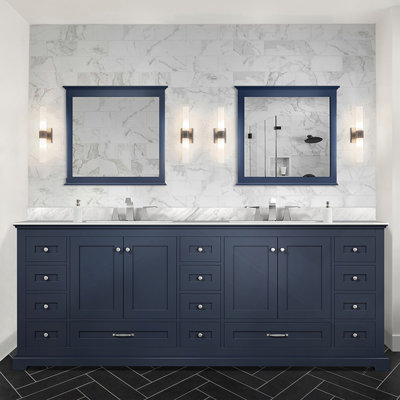 Navy Blue Double Bath Vanity 84 In. W X 22 In. D, Carrara Marble Top, And Faucet Set