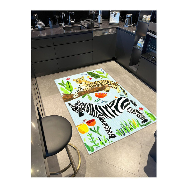 Machine Washable Light Blue Tree Zebra Leopard Patterned Modern Decorative Rug, Rectangle 2'6" x 4'11"