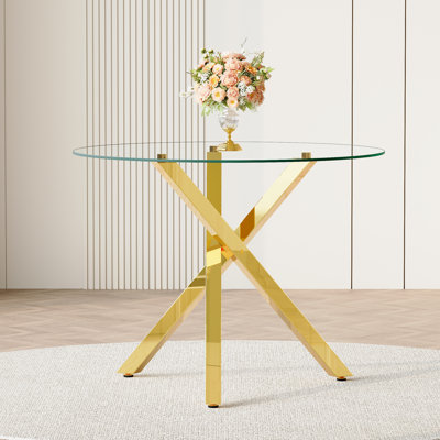 Table de salle à manger ronde en verre trempé transparent de 99 cm (39 pouces), table de cuisine moderne pour 2 à 4 personnes, pieds en métal doré en forme de X, finition dorée et transparente.