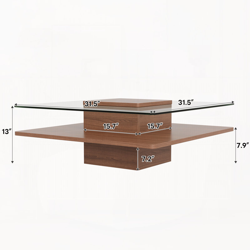 Table basse The Square avec plateau en verre trempé transparent et tablette de rangement, finition noire, Transparent / noyer