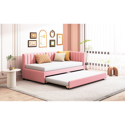 Lit de jour rembourré avec couchette, tissu en lin rose, taille simple, sans sommier tapissier en lin rose
