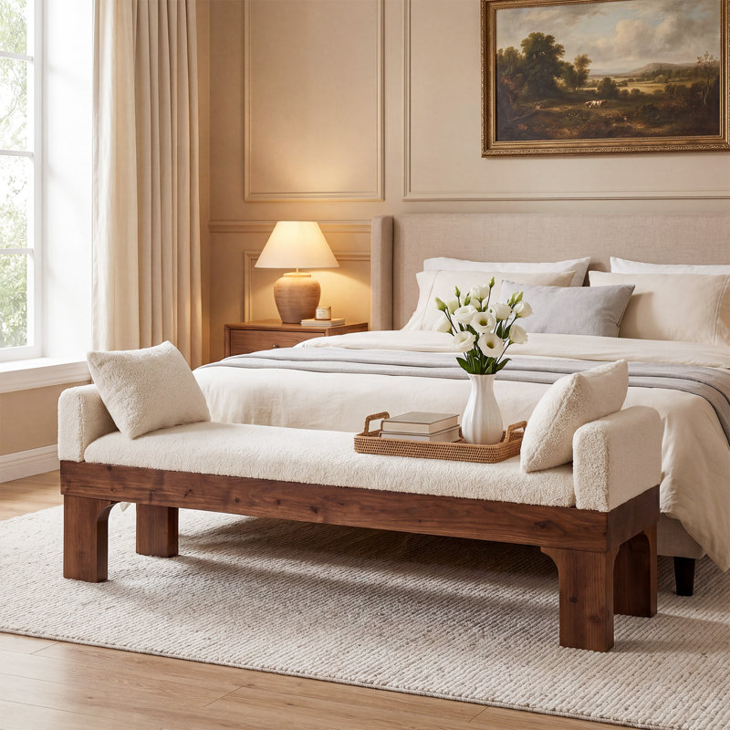 Banc rembourré en bois massif de 63 po, banc avec accoudoirs et 2 coussins
