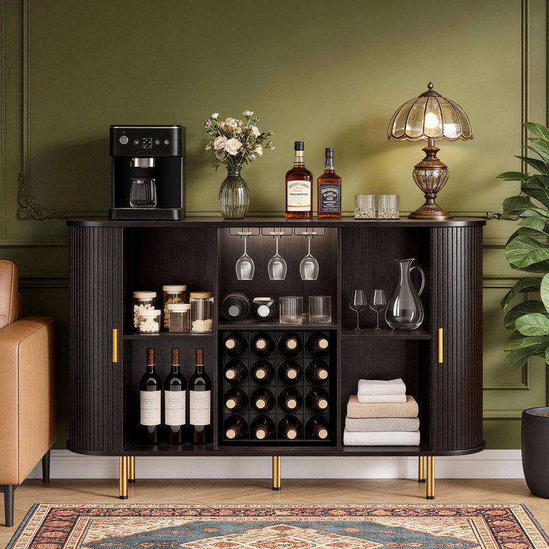 Armoire à vin 55 "avec lumières à DEL, support à vin et porte-verre Mid-Century, Dark Walnut