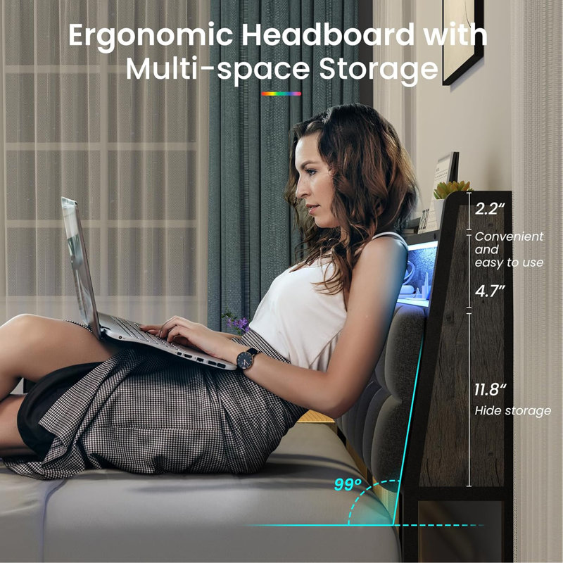 Cadre de lit, tête de lit ergonomique avec rangement multi-espace, cadre de lit avec station de charge lumières à DEL RVB