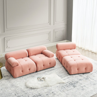 Canapé modulaire en L avec revêtement en velours rose, structure en bois, réversible pour un moment de détente modulaire en velours, base en eucalyptus, assise confortable