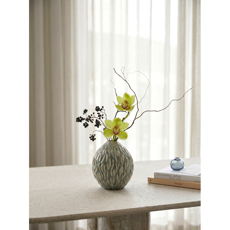 Vase décoratif en céramique marbré D6.5x7.5 "- Ambre et gris anthracite