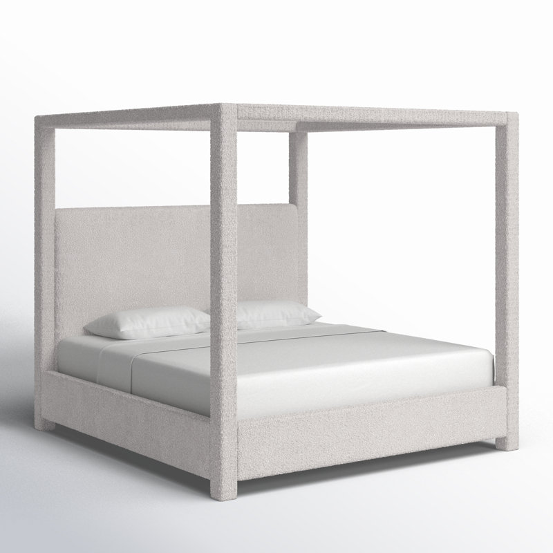 Upholstered Canopy Bed, King, Cream Boucle Fabric