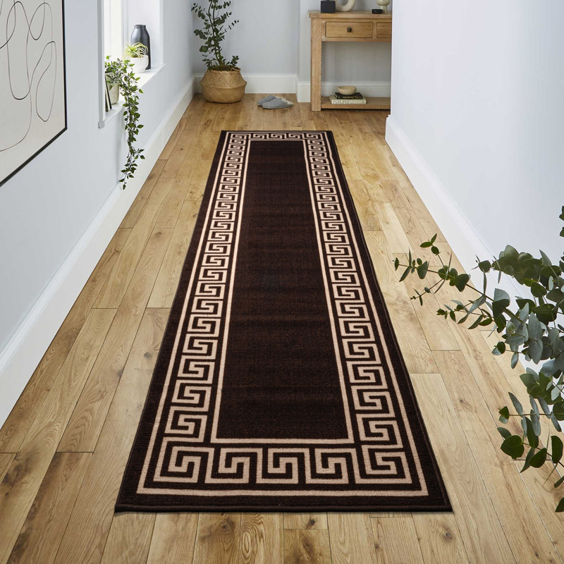 Greek-Key Brown Beige Non-Slip Polypropylene Area Rug — Washable Door Mat & Hallway Runner for Living Room, Kitchen & Bedroom