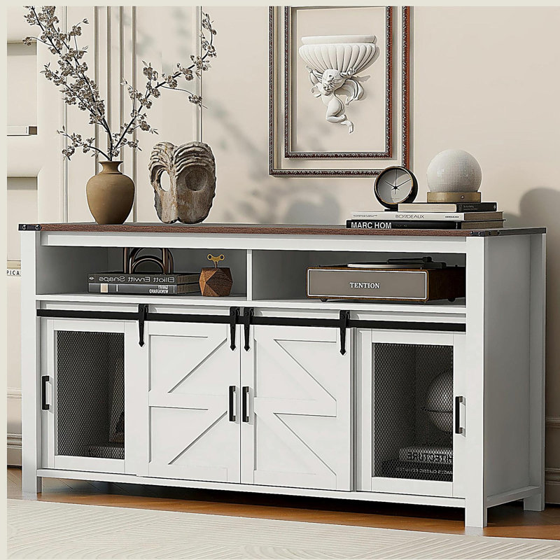 Buffet avec porte de grange coulissante et panneaux grillagés, buffet de ferme avec rangement ouvert, Brun / Blanc