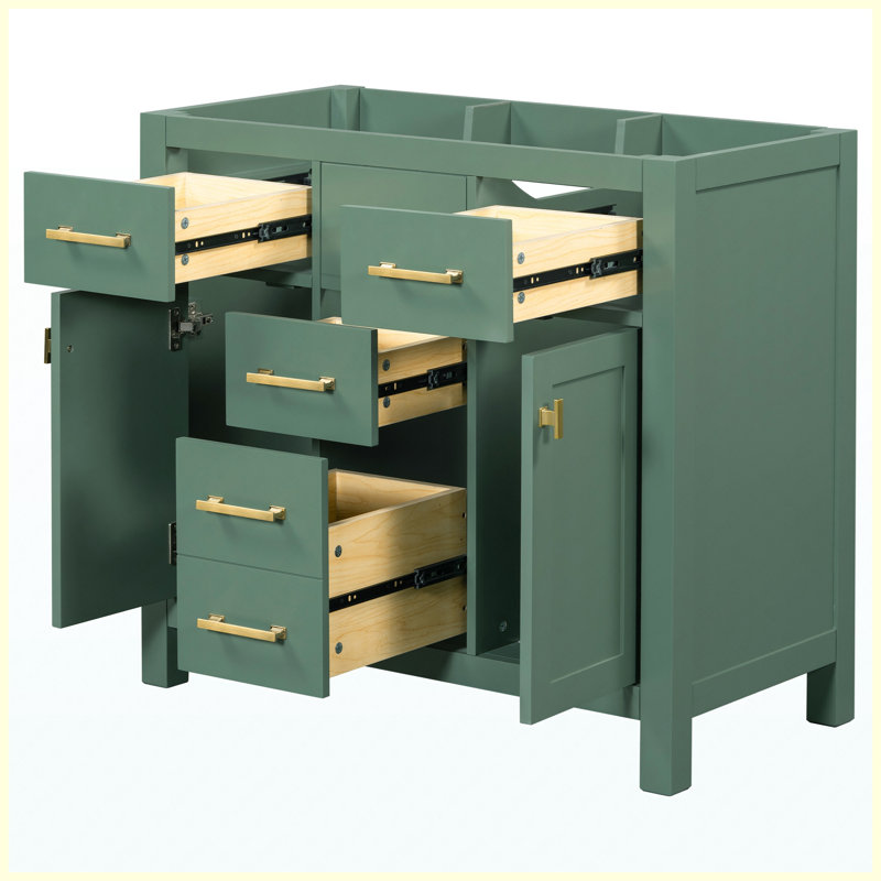 Meuble-lavabo autoportant 36 po sans lavabo 36 po, 4 tiroirs et 2 armoires, structure de bois massif, vert