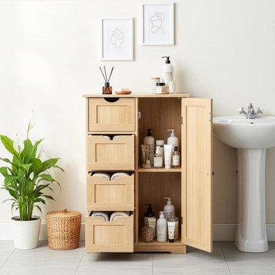 Armoire de rangement de salle de bain 1 tiroir 4 portes en bois naturel - finition chêne clair, conception compacte pour les petites salles de bain, les salles de lavage ou les couloirs