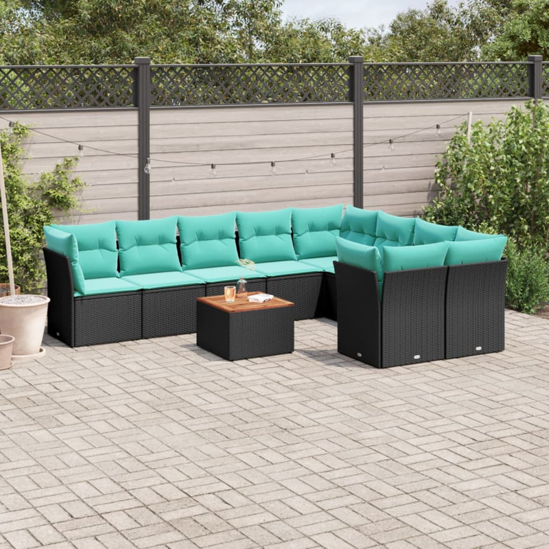 Ensemble de canapé de patio 10 pièces avec coussins en rotin de polyester, Bleu clair, Noir