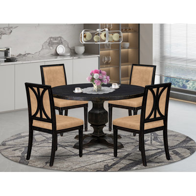5-Piece Mid Century Modern Dining Table Set Consists of a Round Modern Dining Table and 4 Dark Gray Polyester Chairs with High Back, Sand Blasting Bla