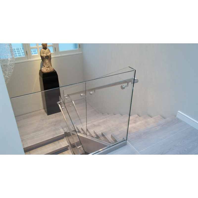 Glass Mount Handrail Bracket with Square Rose and Curved Plate, Polish Stainless Steel