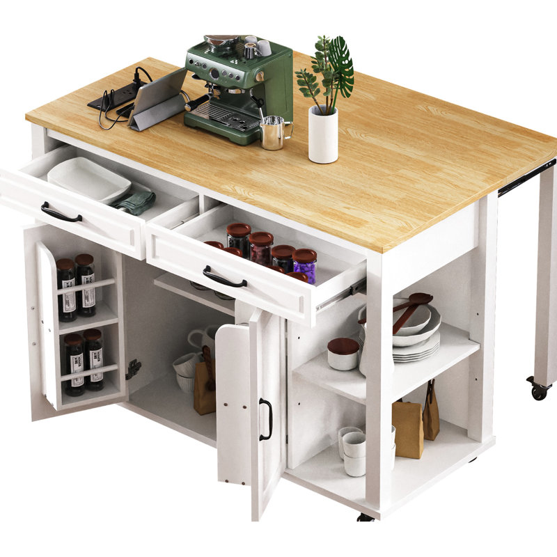 47.2" Kitchen Island With 13.8" Back Extendable Table, Rubber Wood Veneer, Internal Storage, Built - In Power Station, White