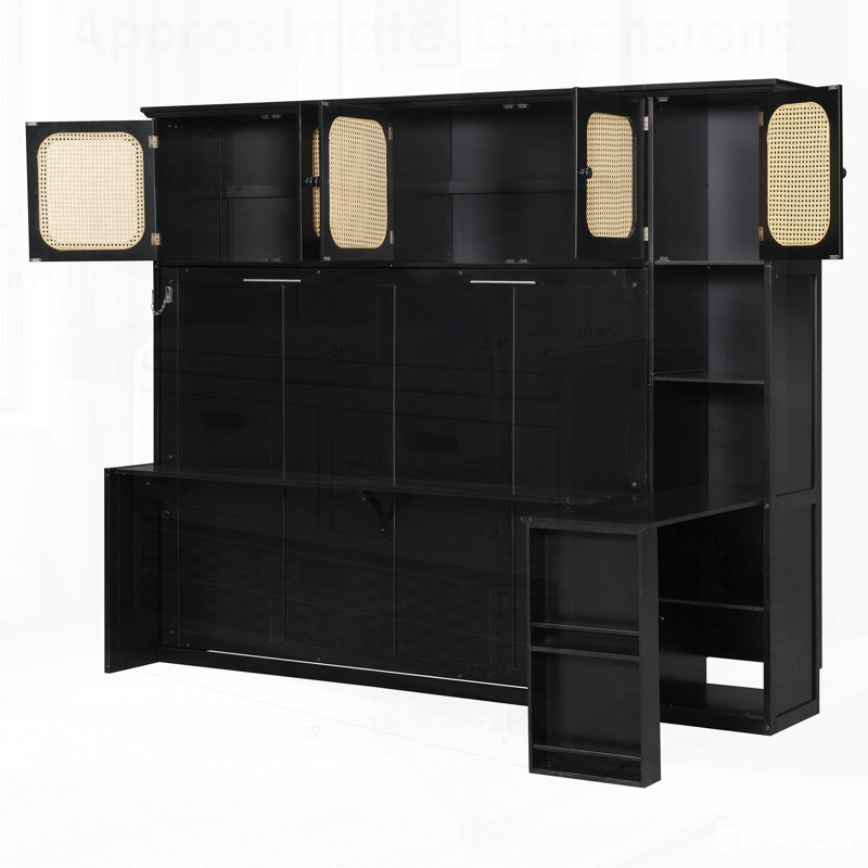 Lit escamotable avec bureau et armoires en rotin, lit mural peu encombrant pour bureau à domicile, Noir