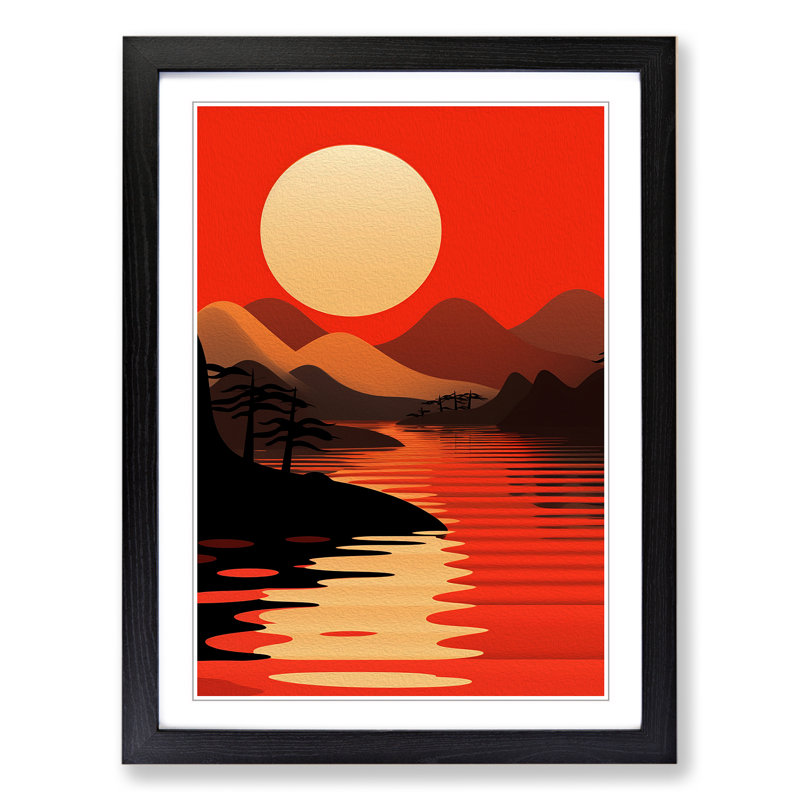 Japanese Sunset Constructivism No.2 - Single Picture Frame Print on Wood, Black, 34cm H x 25cm W x 2cm D