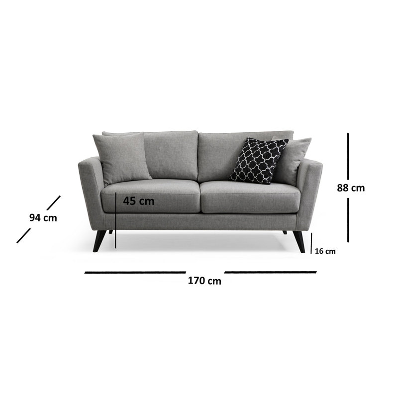 Élégant canapé 2 places, tissu gris, 67,0 x 37,0 x 34,6 pouces | Structure en bois de hêtre et en carton, 100% polyester, coussins en mousse douce | Coussins de dossier portatifs (3 pièces, 17,7 po x 17,7 po) | Design scandinave moderne, facile d'entretien