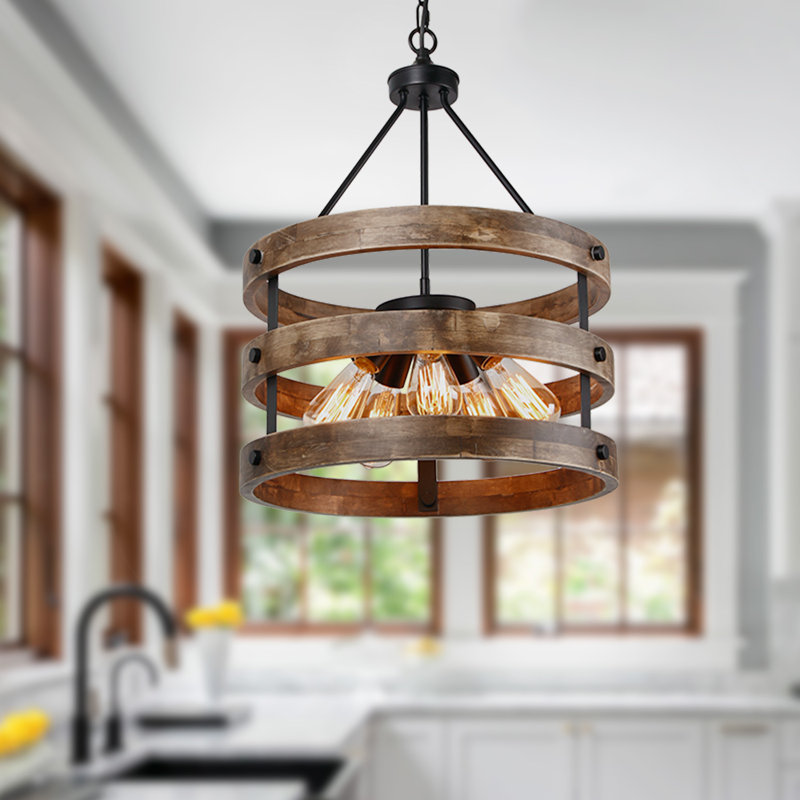 Large lustre rond en bois de style campagnard suspendu pour salle à manger