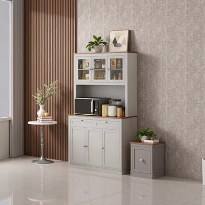 Élégant garde-manger de 70,9 po de hauteur avec support pour micro-ondes, tablettes réglables et tiroirs - Solution de rangement moderne en gris et chêne