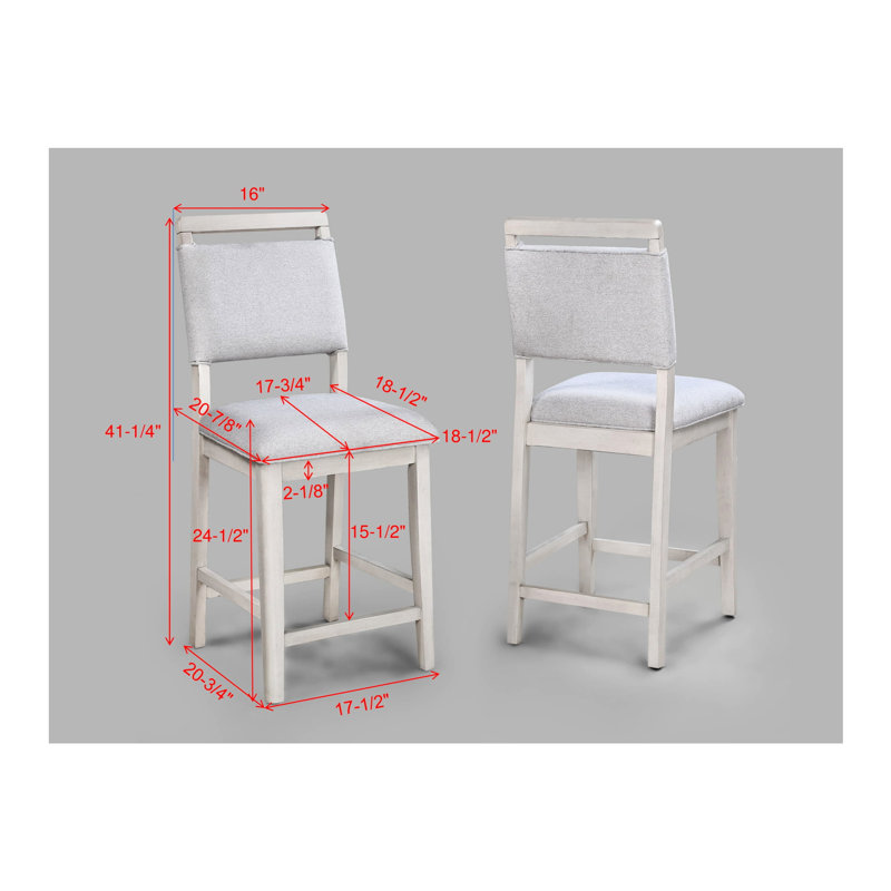 Chaises de salle à manger à hauteur de comptoir 2 pièces de style transitionnel avec tissu blanc et gris, bois massif, charme rustique, dossier haut, sièges confortables, repose-pieds intégré, tissu 20,9 x P 18,5 x l 41,3