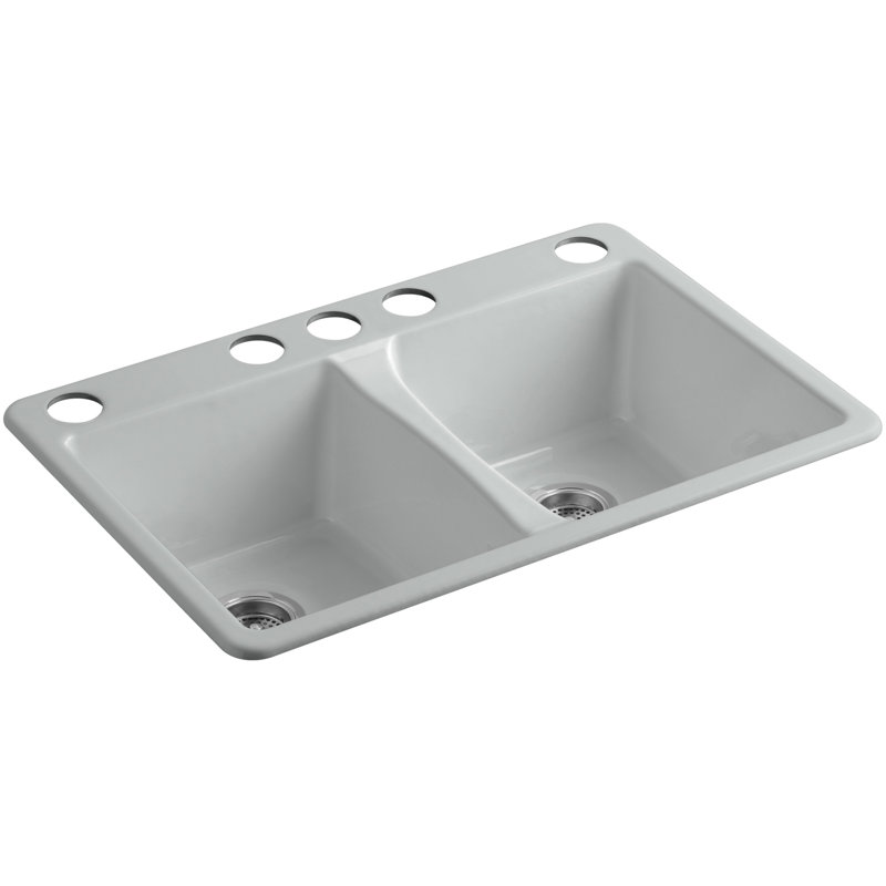 Évier de cuisine à double cuve encastrable avec accessoires Deerfield L 33 po x l 22 po, 5 trous, Gris glacial