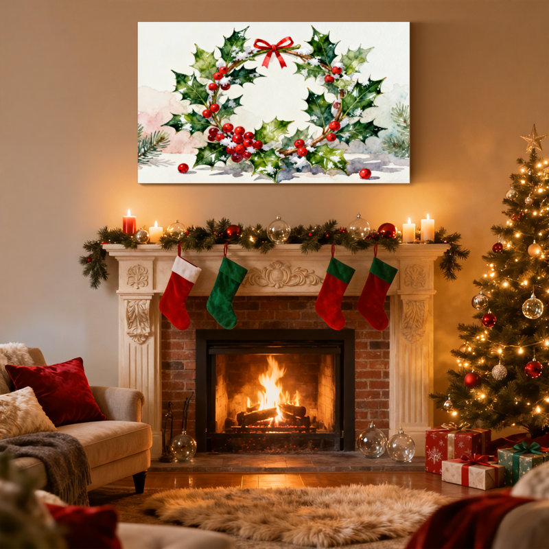 Couronne de houx de Noël avec baies rouges et arc, ensemble de 3 impressions sur toile, H 20 po x l 30 po