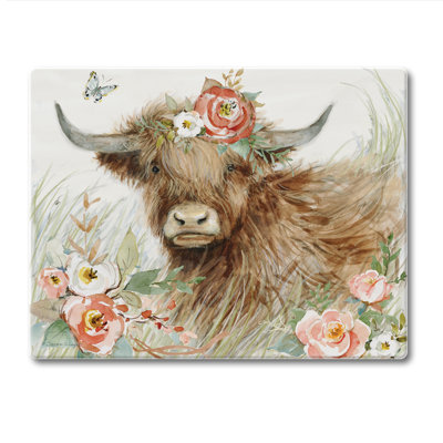 Highland Cow Bloom Tempered Glass Cutting Board 10" x 8"