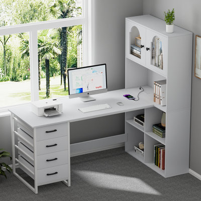 White Computer Desk With Tall Bookshelf, L Shaped Desk With Drawers & LED Lights Power Outlets,Corner Desk With File Cabinet,Home Office Gaming Desk,52''X31.5''X'63''