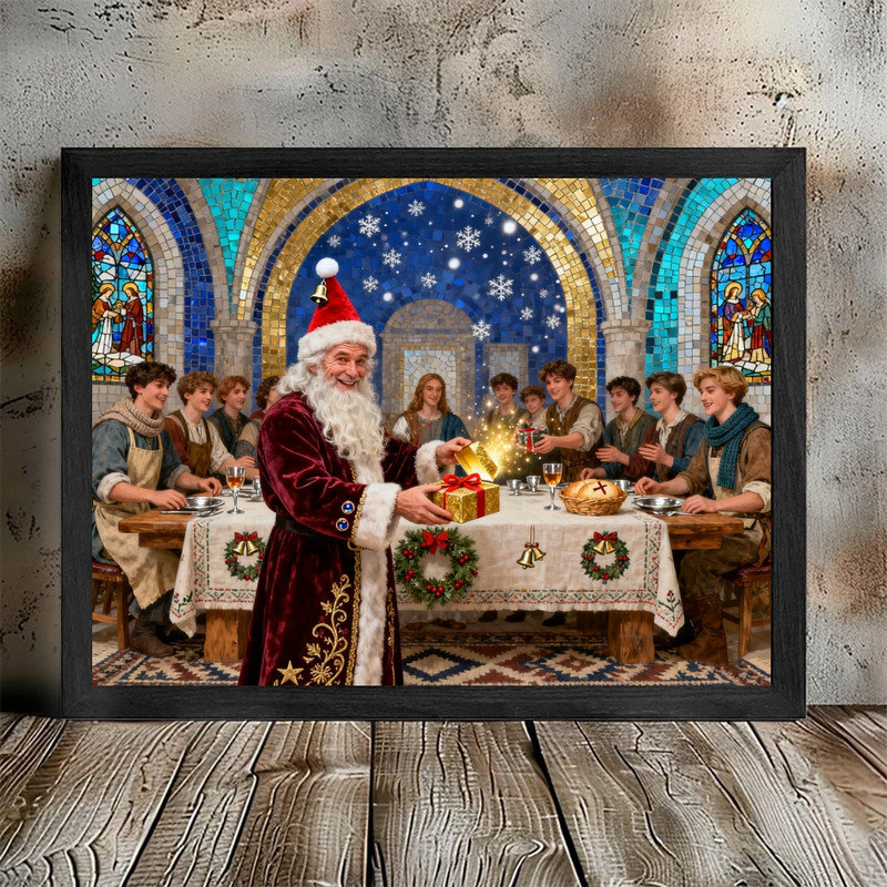 Art mural noir encadré rétro du Père Noël - impressions de décorations de scène religieuse de Noël, H 11 po x l 9 po