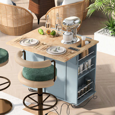 Chariot de cuisine pour îlot de cuisine avec rangement pliable, bleu, 5 roulettes, rangement, porte-gobelet à vin pour prise domestique et système, gris bleu, ouvert