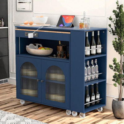 Rolling Kitchen Island With Extendable Table, Power Outlet, LED Lights, Fluted Glass Doors And Side Shelves