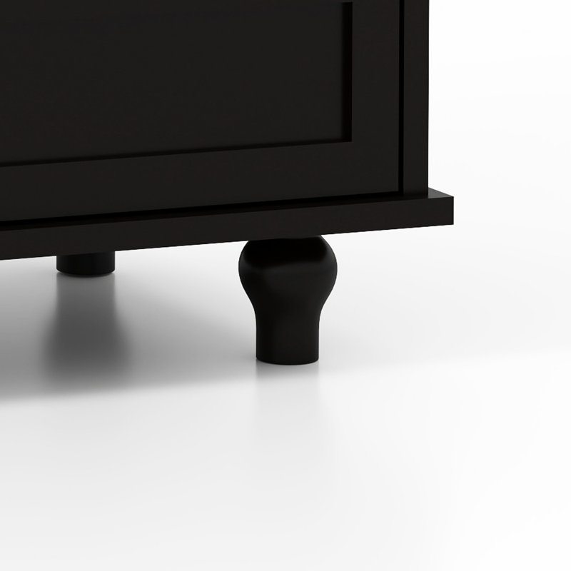Black Sideboard With Drawer And Compartment, For Living Room, Dining Room - Water Based Painted , Vintage Bronze Handles Modern Double Glass Doors, Hallway, Entryway Shatter Tempered Glass, Smooth