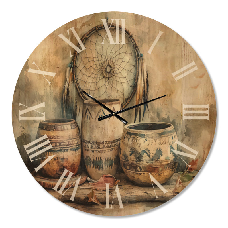 Horloge murale rustique en bois silencieux - Native Art Pottery Desert Serenity II, Oversized